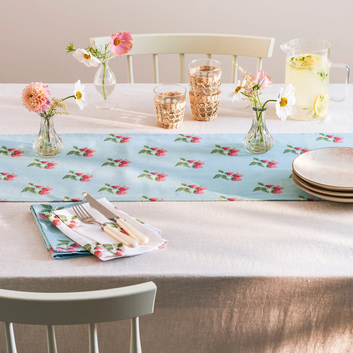 Strawberries Blue Table Runner