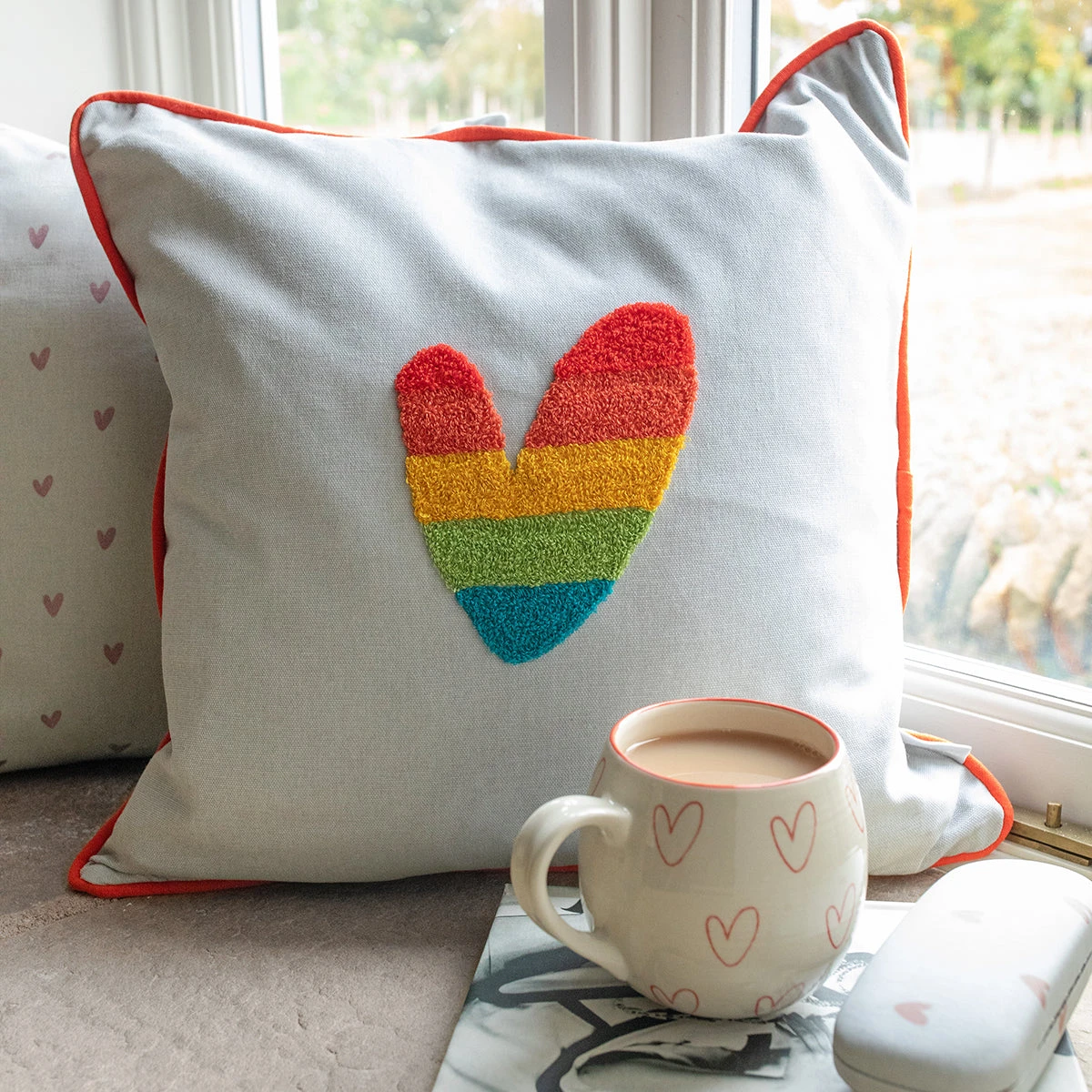 Multicoloured Hearts Embroidered Cushion